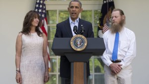 #PresidentSleeperCell and Bowe Bergdahl's parents in the Rose Garden. Nice beard!